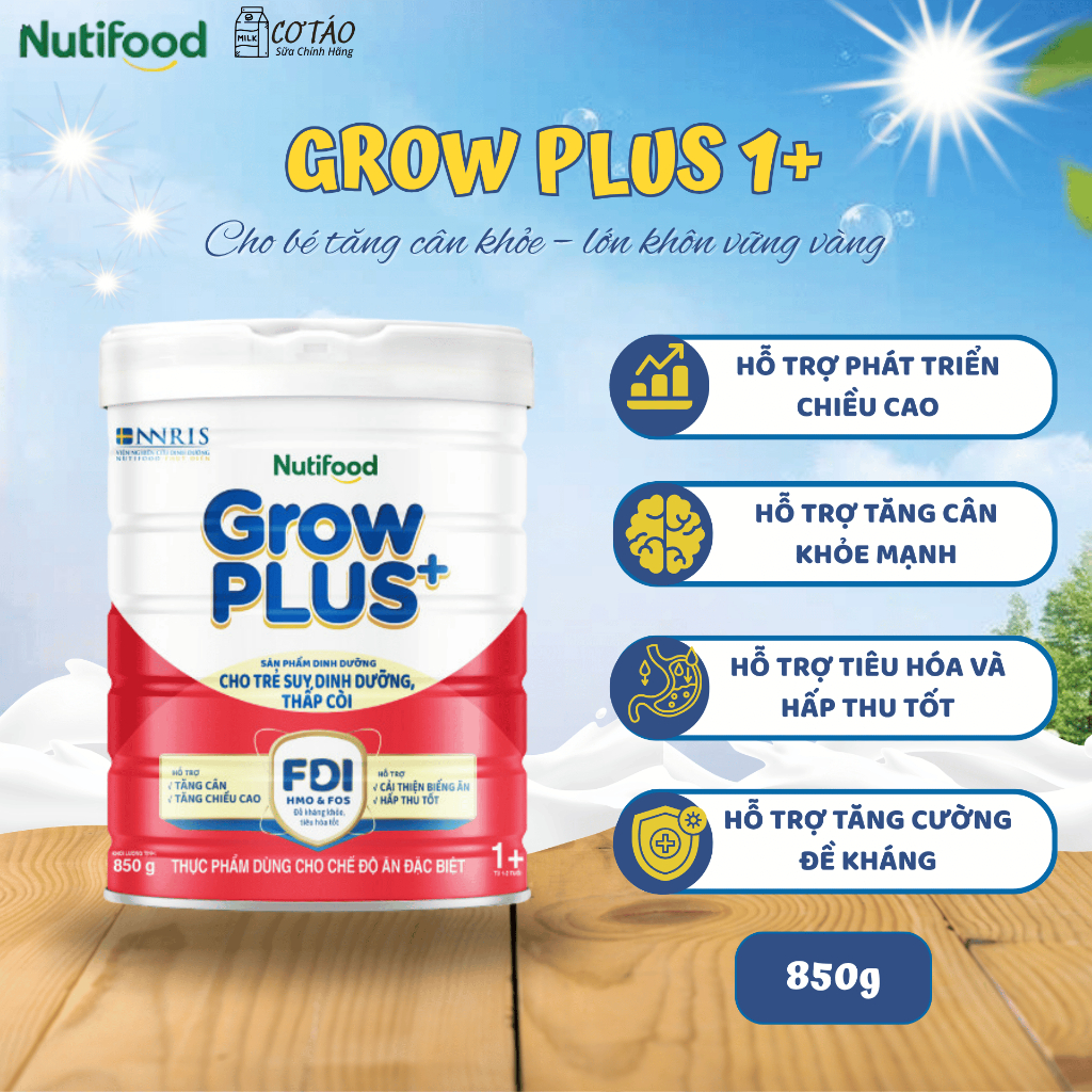 Sữa Bột NutiFood Grow Plus đỏ 1+ Cho Bé Hỗ Trợ Tăng Cân Phát Triển Não Bộ Chiều Cao Từ 1-2 tuổi 850g