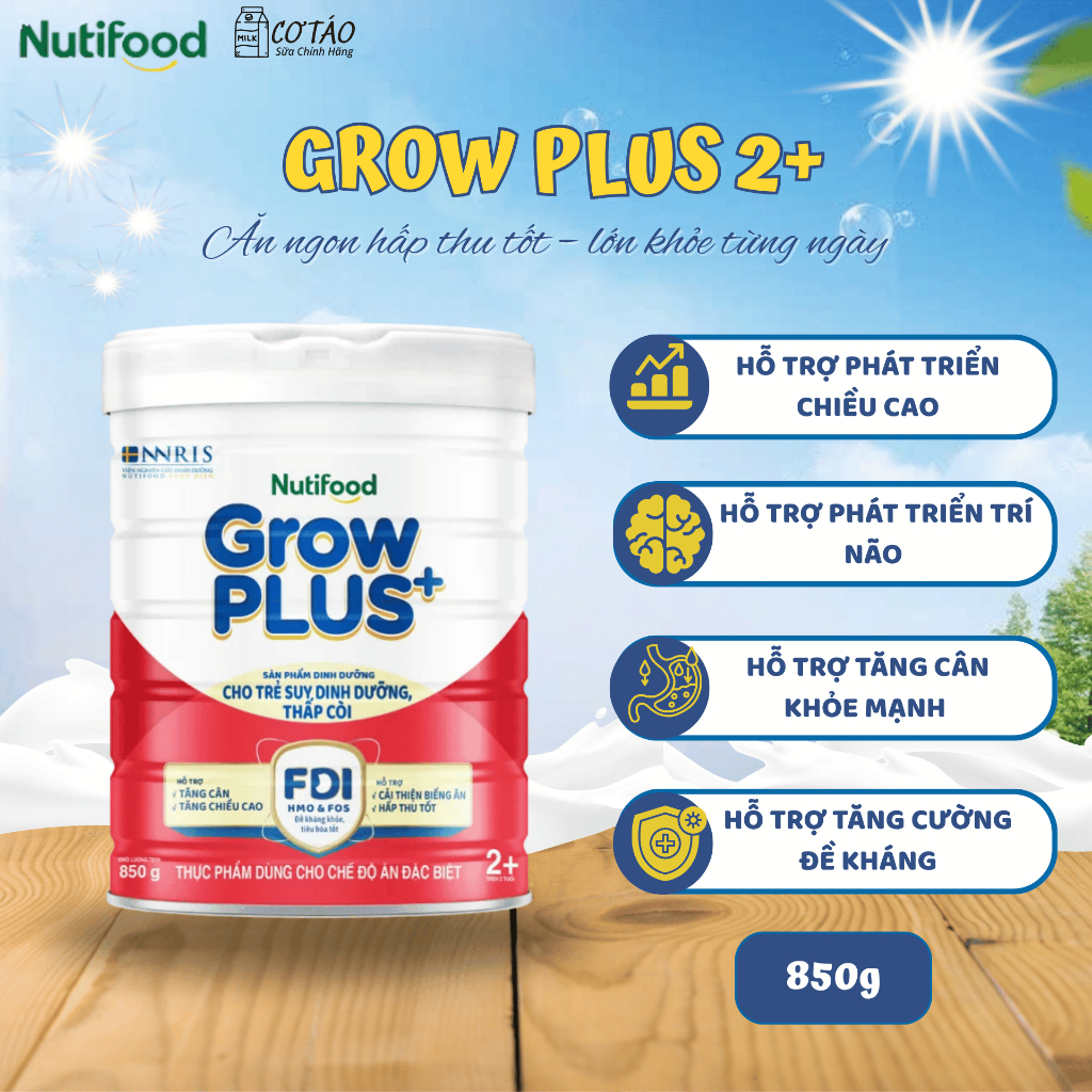 Sữa bột NutiFood Grow Plus+ Đỏ 2+ Hỗ Trợ Tăng Cân Phát Triển Não Bộ Chiều Cao Dành Cho Bé Từ 2 tuổi 
