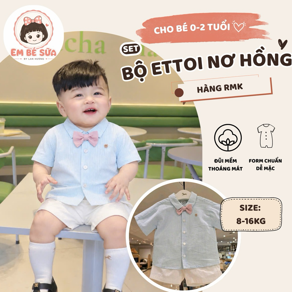 Set công tử Ettoi RMK nơ hồng áo quần cho bé trai 8-12kg
