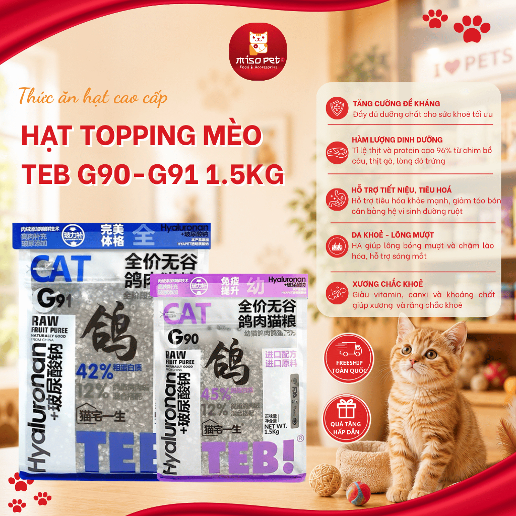Hạt TEB G - Mượt Lông Tiêu Hóa Tốt Cho Mèo Con Mèo Mẹ và Mèo Trưởng Thành G90 - G91 1.5KG