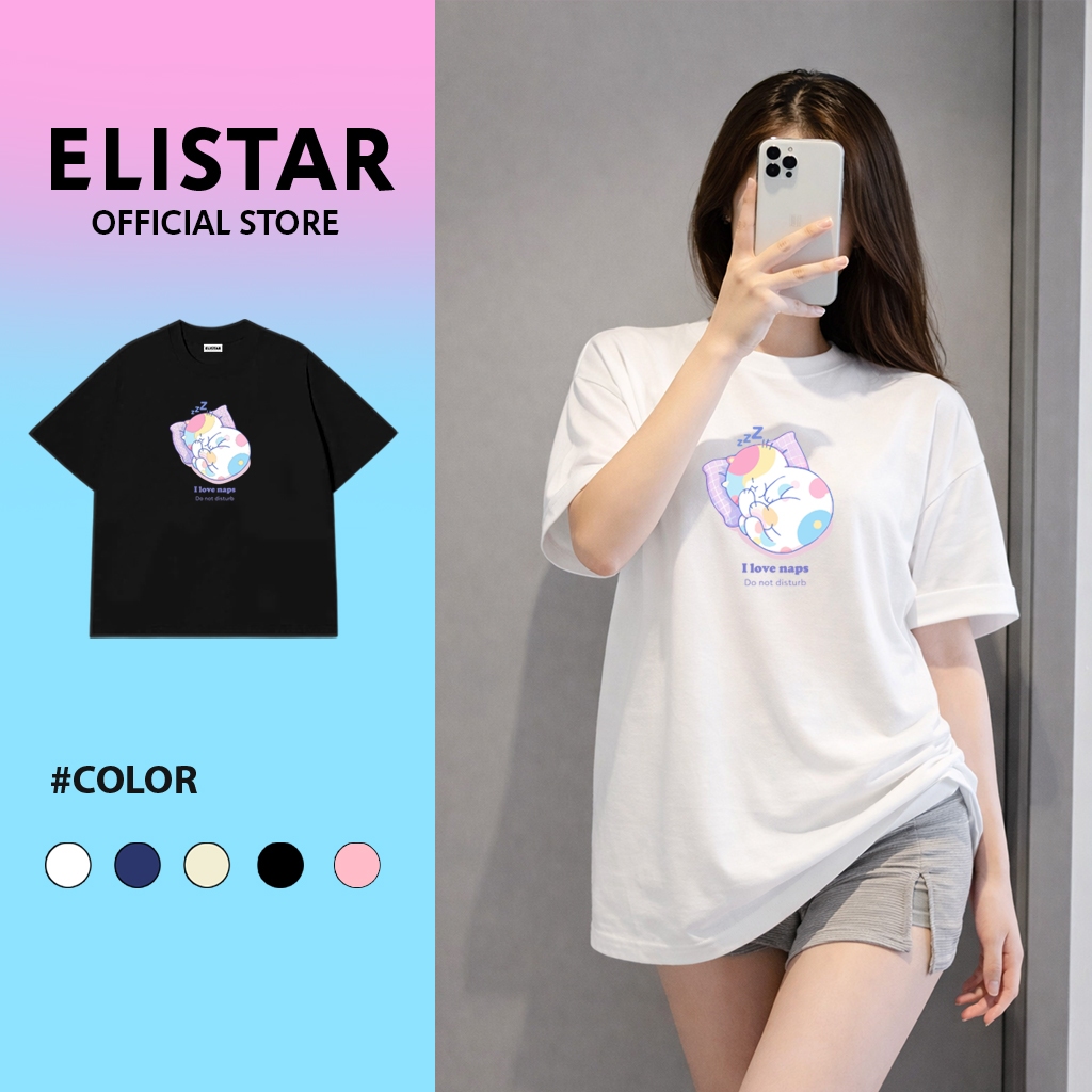 ELISTAR - AT07 Áo thun unisex local brand form rộng cổ tròn in hình con mèo I Love Naps