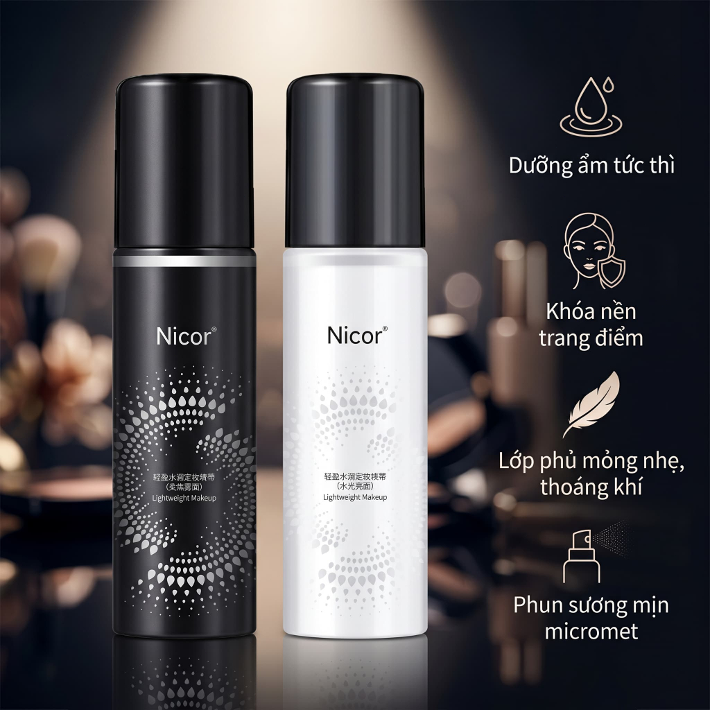 Nicor Xịt khóa nền Nicor, phun siêu mịn, dưỡng ẩm tức thì, kiềm dầu, giữ trang điểm bền lâu,