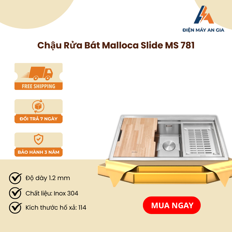 Chậu Rửa Chén Malloca Slide MS 781 - 1 Hố Rộng Rãi - Chất Liệu Inox 304 - Chống Ngưng Tụ - PEB