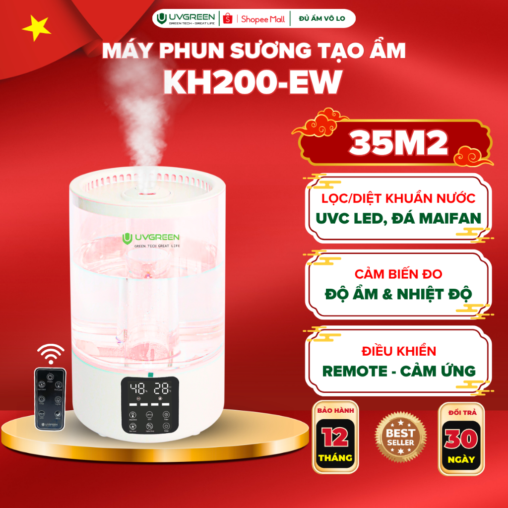 [UVG] Máy Phun Sương Tạo Ẩm UVGREEN KH200 5 Lít, UVC Led, Giảm Khô Da, Dễ Ngủ, Khuếch Tán Tinh Dầu