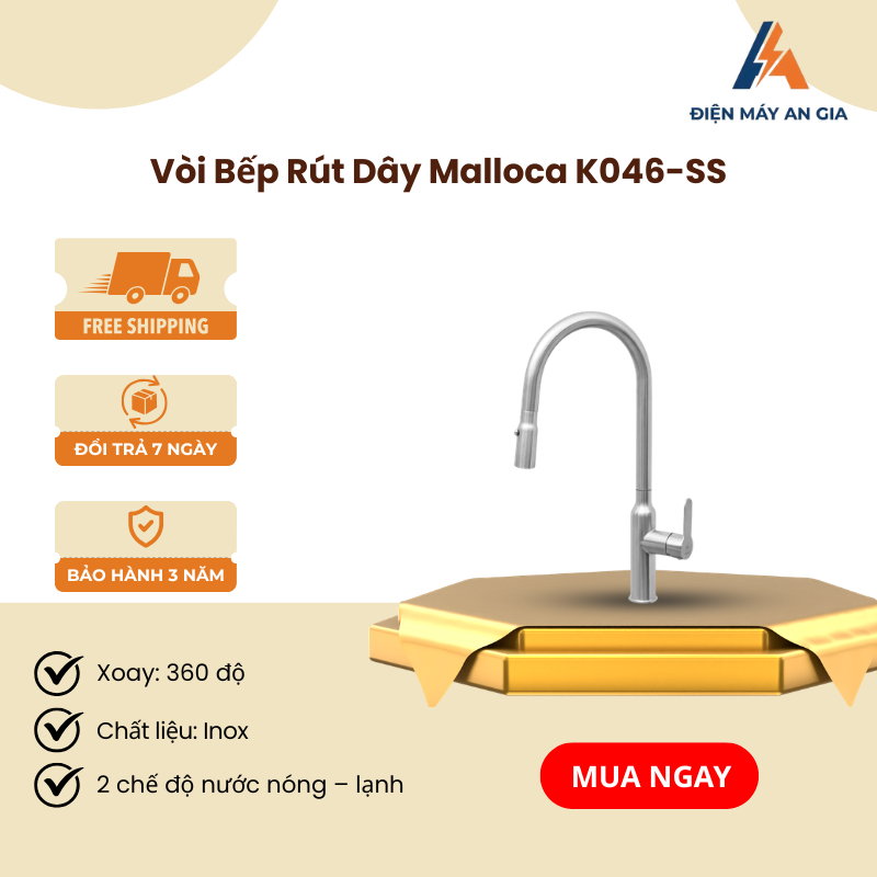 Vòi Nóng Lạnh Dây Rút Malloca K046-SS - Chất Liệu Inox 304 - Bộ Lọc Tạo Bọt - Bảo Hành 3 Năm - PEB