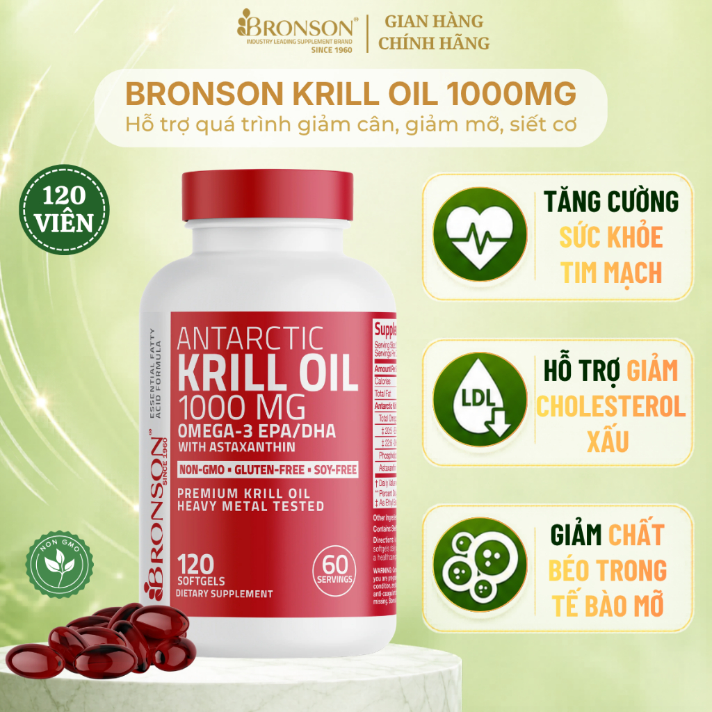 Dầu Nhuyễn Thể Bronson Antarctic Krill Oil 1000mg, Hỗ Trợ Sức Khỏe Tim Mạch & Đường Huyết, 120 Viên