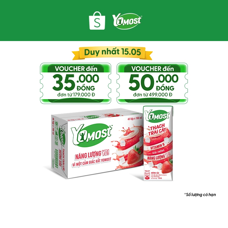 Thùng 48 Hộp Yomost Thạch Trái Cây Hương Dâu (48x180ml)