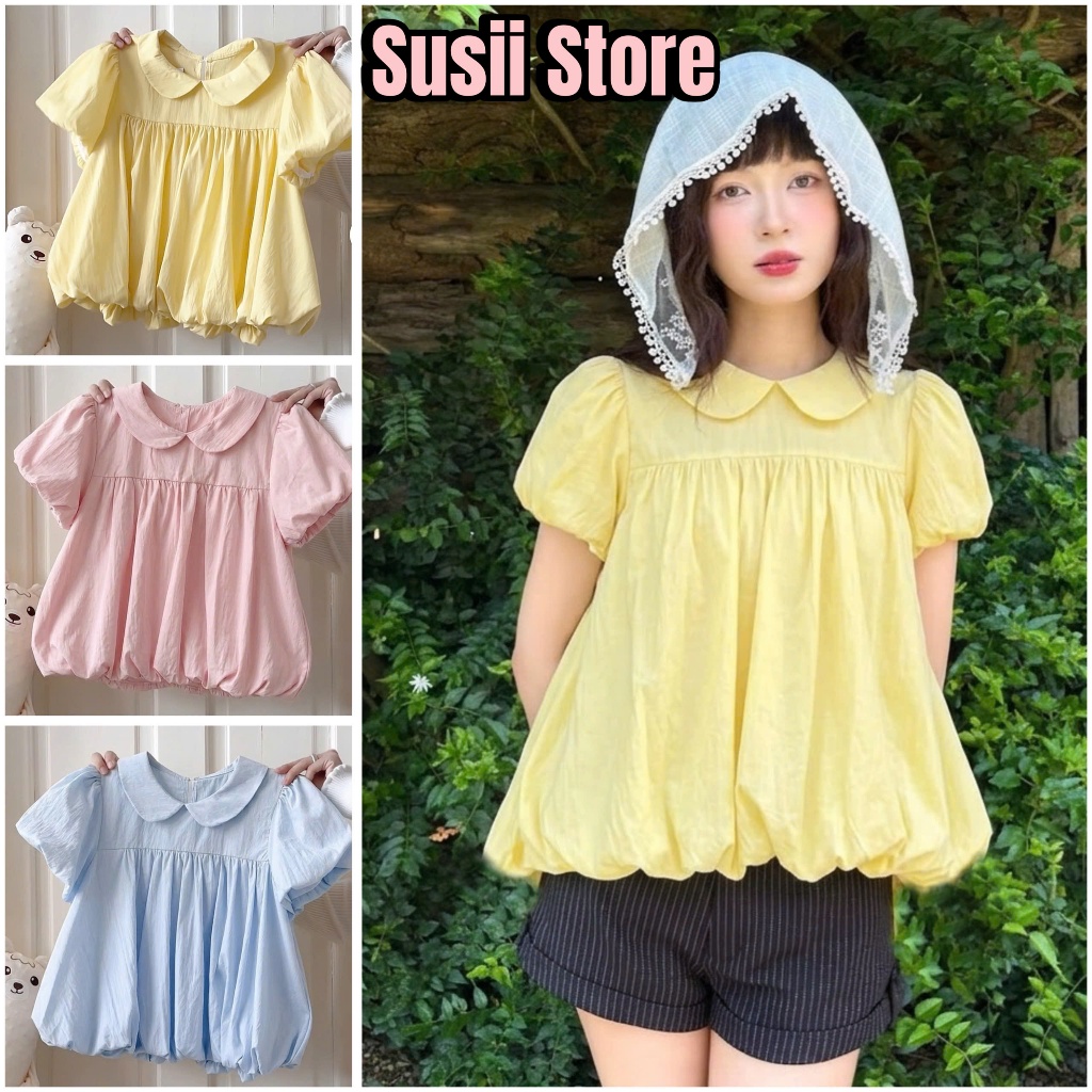 Áo Bí Cổ Sen Dáng BabyDoll Tay Bồng 2 Lớp Phong Cách Tiêu Thư
