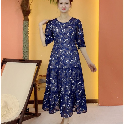 Đầm maxi trung niên cho mẹ - Cổ tròn tay lỡ - Xanh hoa - TTV2069