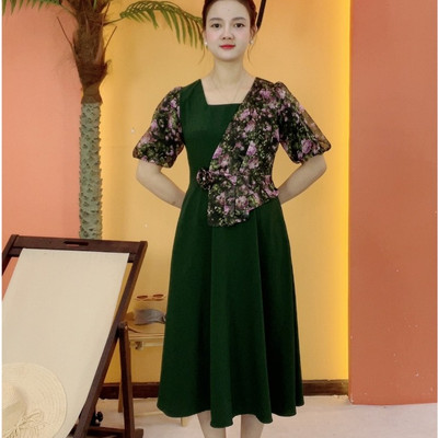 Đầm xòe trung niên cho mẹ - Cổ vuông tay bí - Xanh rêu hoa - TTV2070