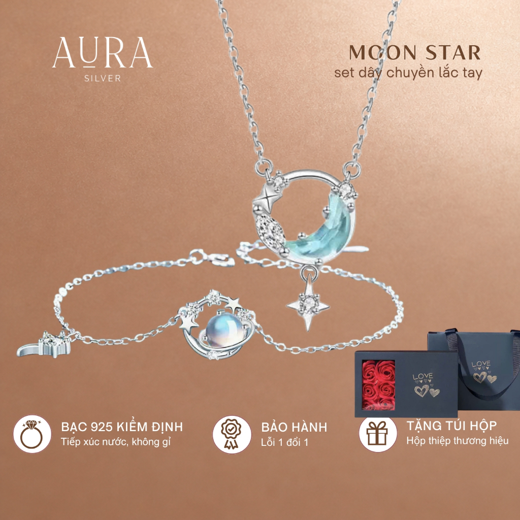 Bộ trang sức bạc Ý 925 dây chuyền,lắc tay,set phụ kiện bạc nữ Moon Star-AURA SILVER