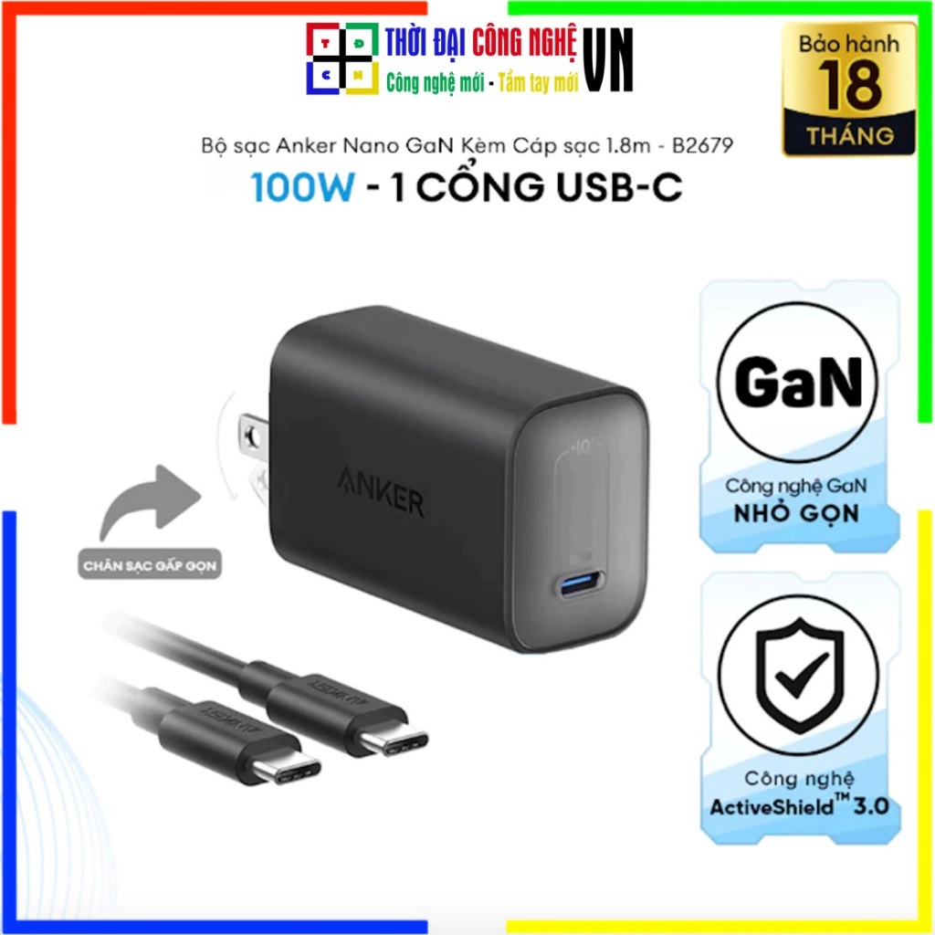 Củ Sạc Nhanh Anker Nano GaN 100W B2679 - 1 Cổng USB C Siêu Nhỏ Gọn Cho Điện Thoại Laptop - Bảo Hành 