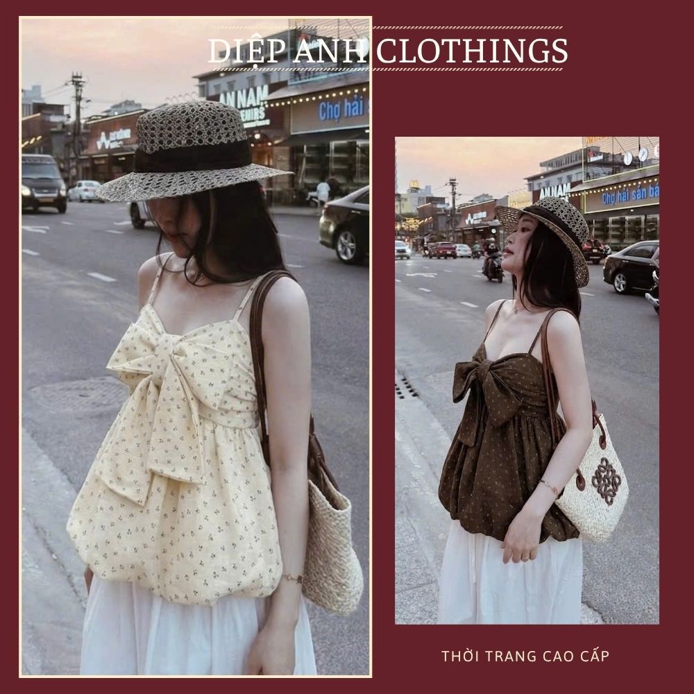 Áo hoa nhí 2 dây nơ ngực dáng babydoll vải thô đũi mềm, áo 2 dây hoa nhí dánh babydoll tiểu thư