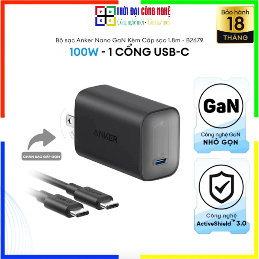 Củ Sạc Nhanh Anker Nano GaN 100W B2679 1 Cổng USB C Cao Cấp Cho Điện Thoại Laptop - Bảo Hành 18 Thán