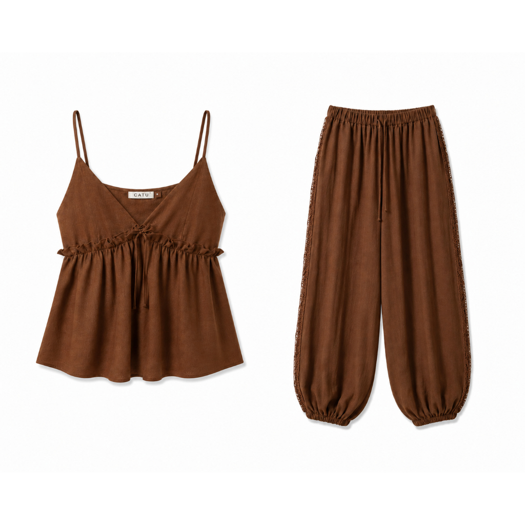 TUBYCATU Set Hazel Áo 2 Dây Form Babydoll + Quần Dài Bo Gấu Phối Ren Sườn | BigBuy360 - bigbuy360.vn