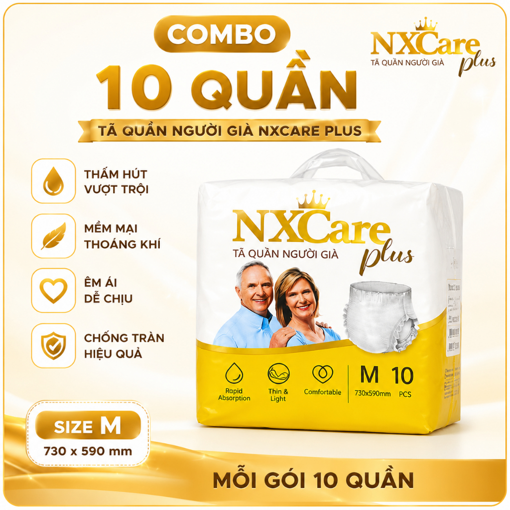Tã Quần Người Già NXCare Plus Combo 10 Quần Siêu Thấm Hút Chống Tràn