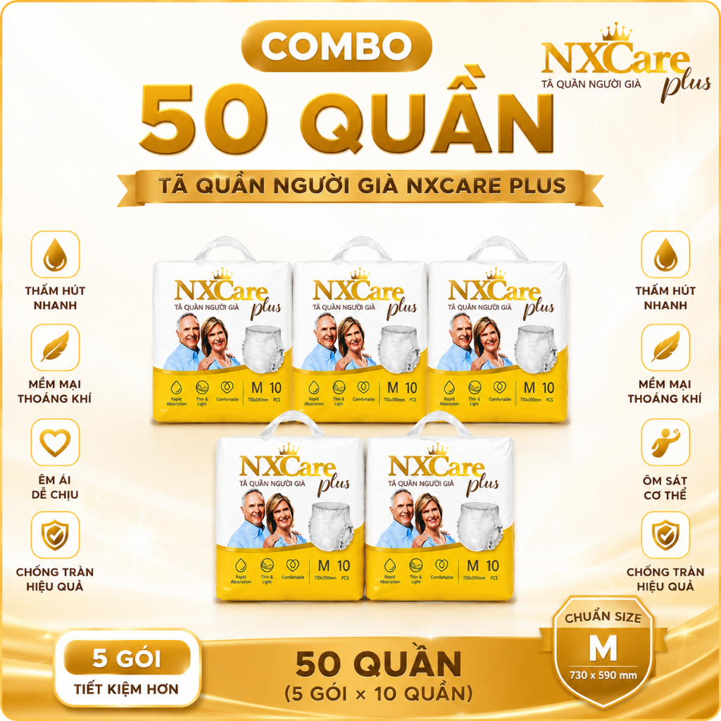 Tã Quần Người Già NXCare Plus Combo 50 Quần Siêu Thấm Hút Chống Tràn