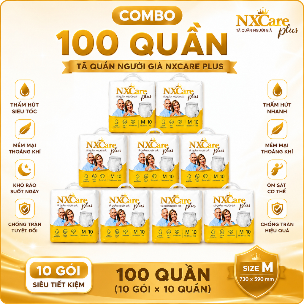 Tã Quần Người Già NXCare Plus Combo 100 Quần Siêu Thấm Hút Chống Tràn
