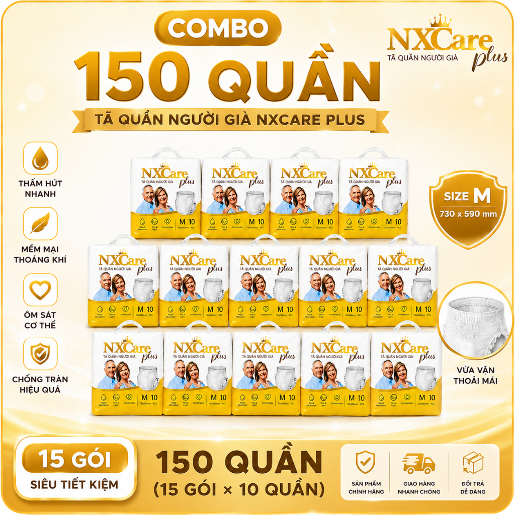 Tã Quần Người Già NXCare Plus Combo 150 Quần Siêu Thấm Hút Chống Tràn