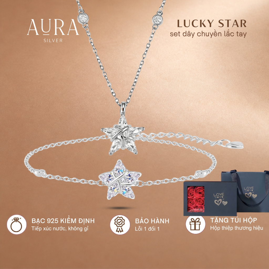 Set dây chuyền lắc tay bạc Ý 925 bộ trang sức bạc nữ 2 món Lucky Star-AURASILVER