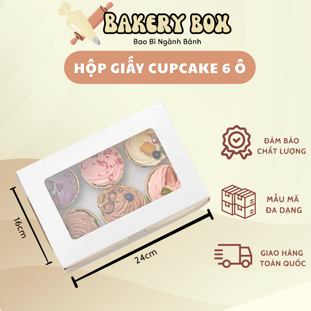20 Hộp Giấy Đựng Bánh Cupcake Có Mặt Kính Trong Suốt 6 Ô - BAKERY BOX