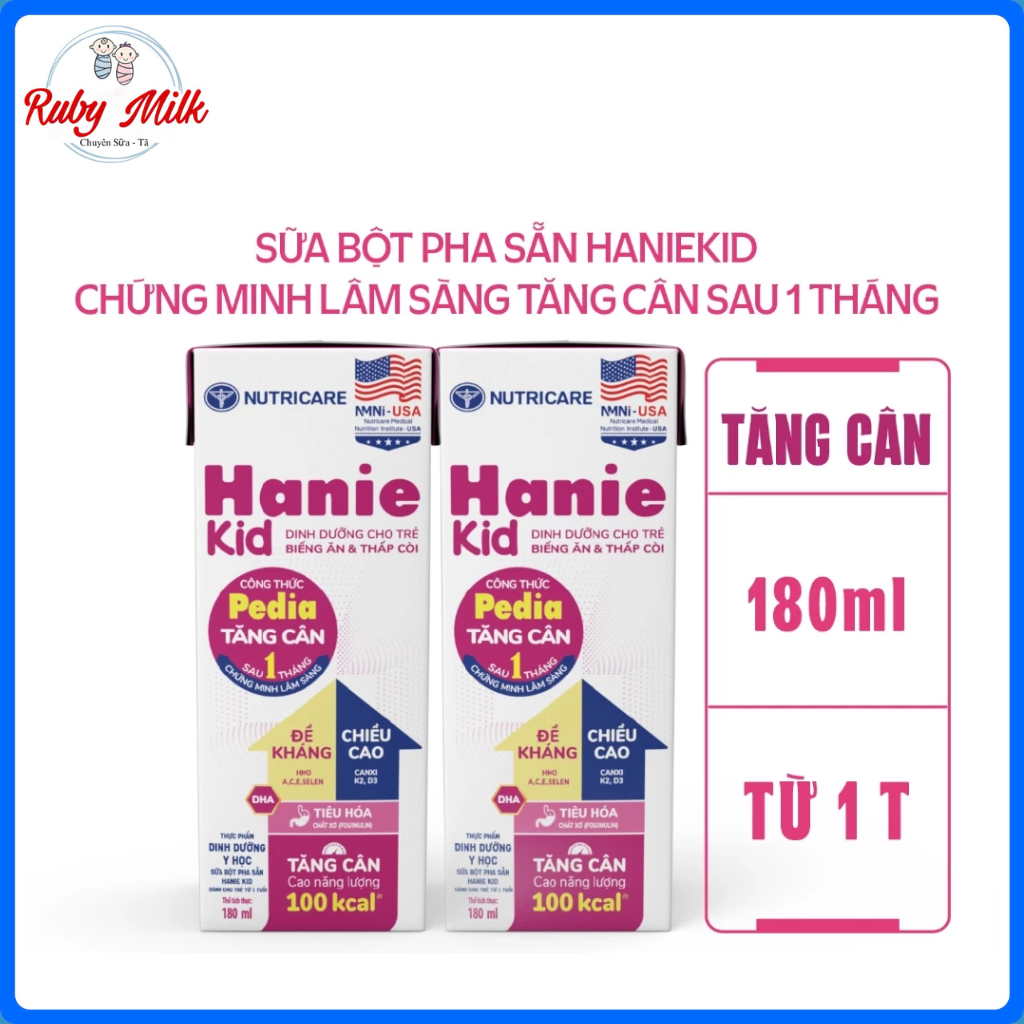 Sữa bột pha sẵn Hanie Kid 110ml, 180ml Nutricare cho trẻ biếng ăn suy dinh dưỡng