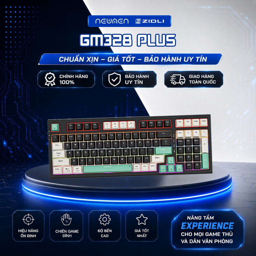 Bàn phím cơ không dây Tri-Mode Mechanical Gaming Newmen GM328 Plus Chơi Game PUBG, LOL - Hàng chính 