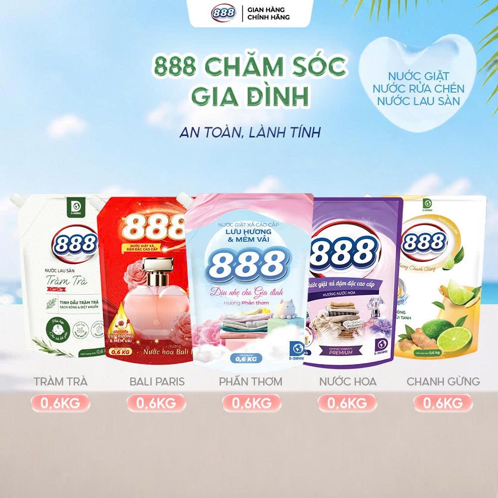 [On25 Live] [6 Túi chỉ 129K] - NƯỚC GIẶT XẢ 888_NƯỚC RỬA CHÉN Chanh Gừng_NƯỚC LAU SÀN Tràm Trà_6 túi