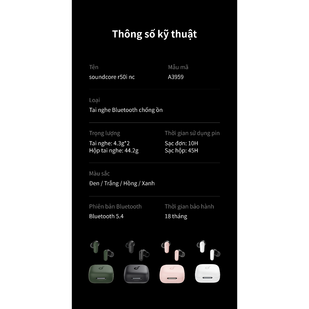 Tai nghe Bluetooth Soundcore R50i NC - Chống ồn chủ động Adaptive ANC 2.0, BassUp Driver 10mm, pin 45 giờ - A3959 | BigBuy360 - bigbuy360.vn