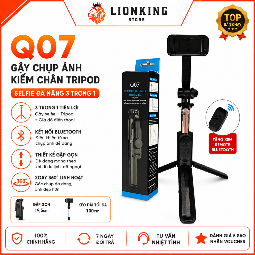 Gậy Chụp Ảnh Livestream Q07 Đèn Led Trợ Sáng Kèm Remote Bluetooth Xoay Nhiều Góc Độ Tripod Đa Năng -