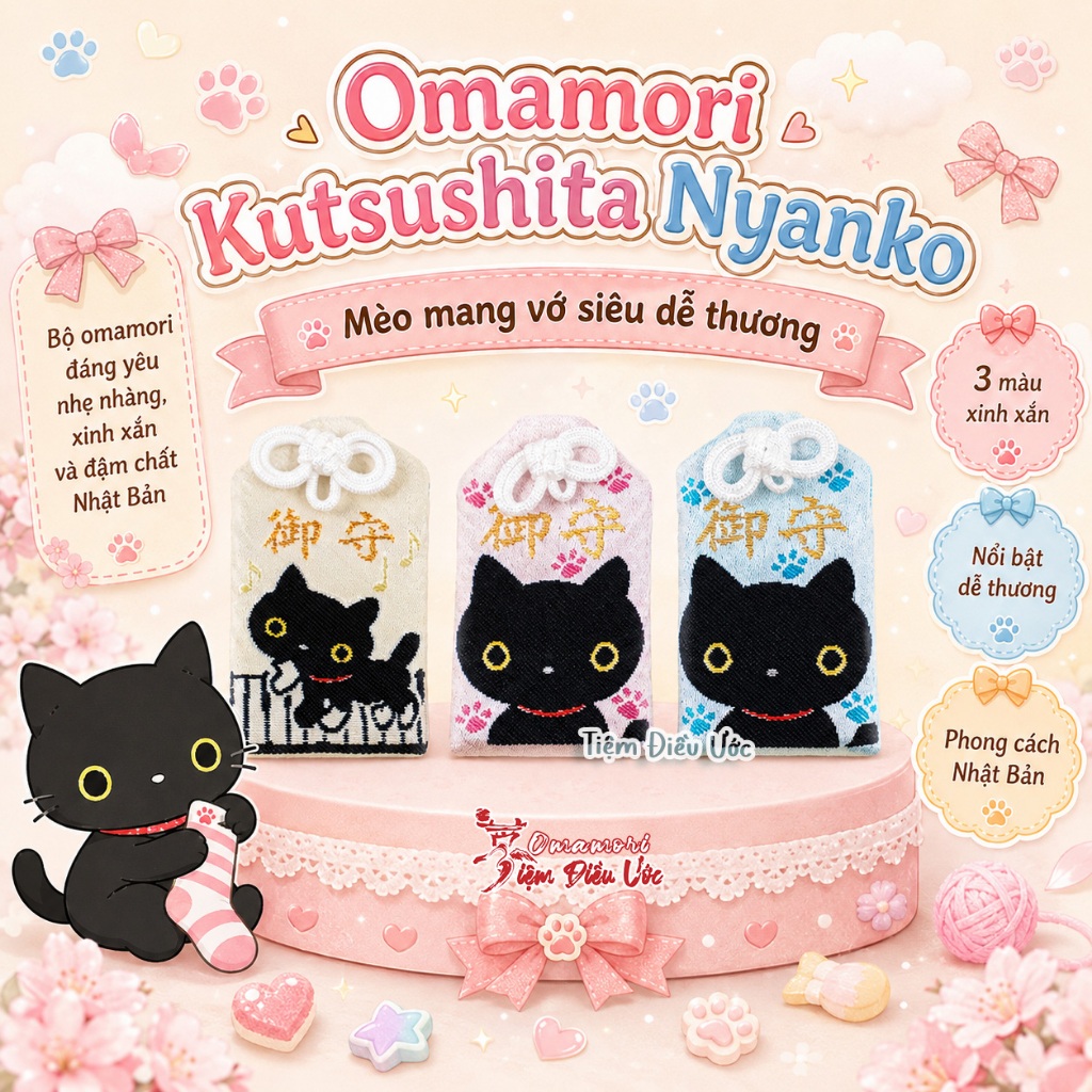 Hàng Nhật Omamori May Mắn - Mèo Đen - Từ Đền tại Okayama, Nhật Bản - Hàng thật - Quà tặng ý nghĩa