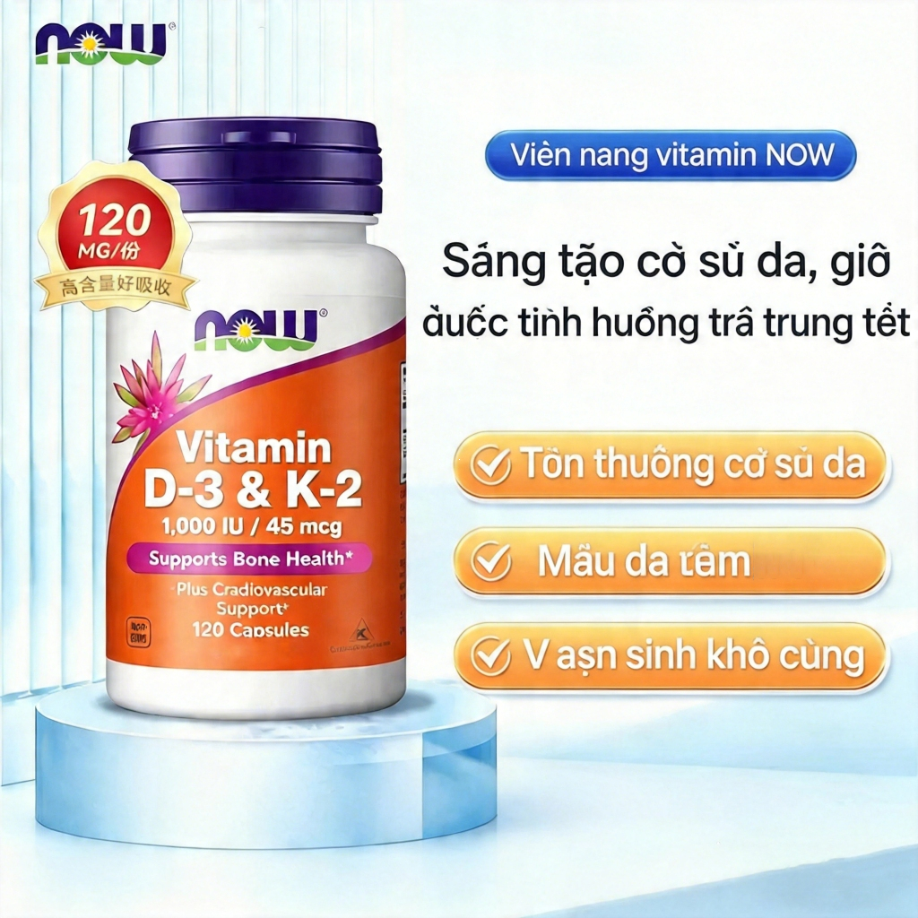 Viên nang Vitamin D3 K2 MK7 NOW Foods, bổ sung canxi cho người lớn kết hợp Magie Glycinat, hoạt tính