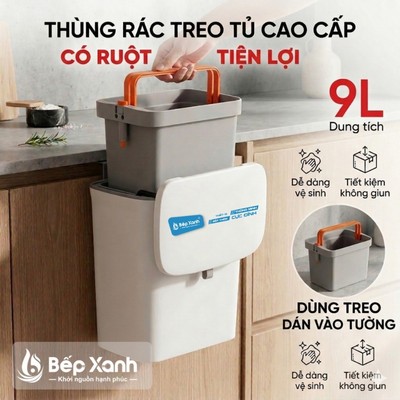 Thùng rác treo tủ bếp 9L, thùng rác nắp lật nắp đậy thông minh nhựa PP cao cấp (có ruột & quai xách) Bếp Xanh BX-PTC3600