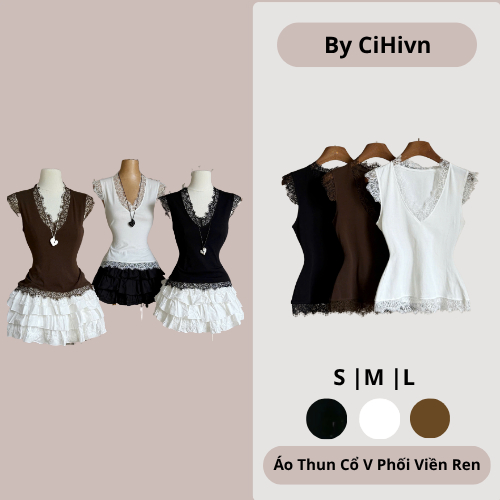CiHivn -  Áo Thun Nữ Cổ V Phối Viền Ren Ôm Dáng Áo Tay Cánh Tiên Tiểu Thư Sang Chảnh Tôn Dáng Phong 