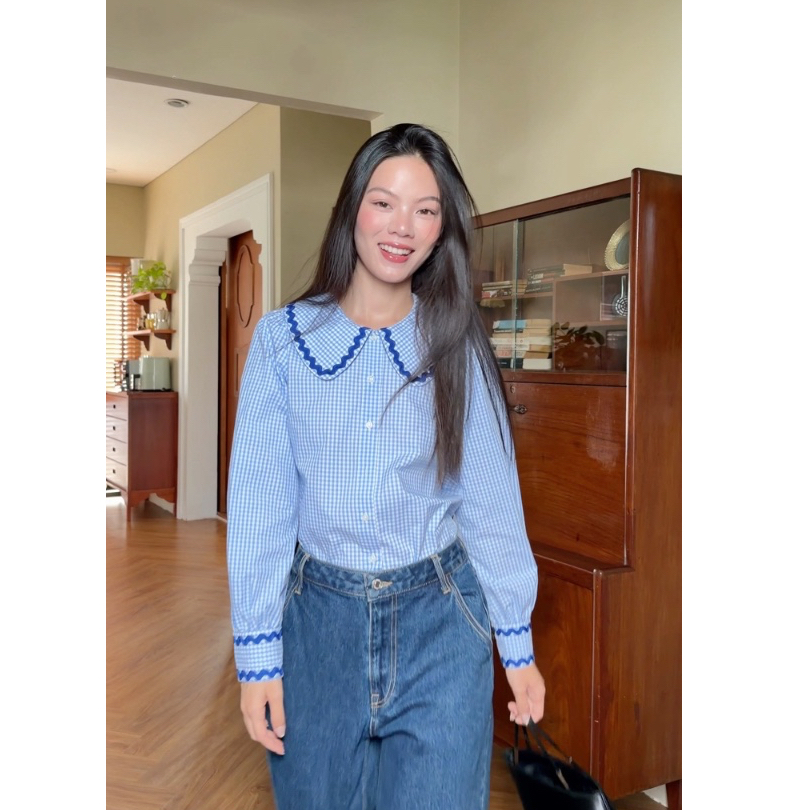 TheBlueTshirt - Áo sơ mi caro tay dài kiểu bèo tay nhún cho nữ - Jessie Shirt - Women | BigBuy360 - bigbuy360.vn