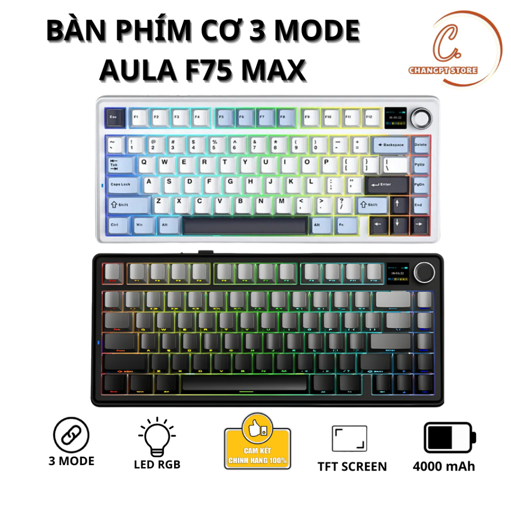 [CHÍNH HÃNG] Bàn Phím Cơ Không Dây AULA F75 MAX Có Màn Hình LCD Hỗ Trợ Hotswap LED RGB3 Mode Kết Nối Chính Hãng