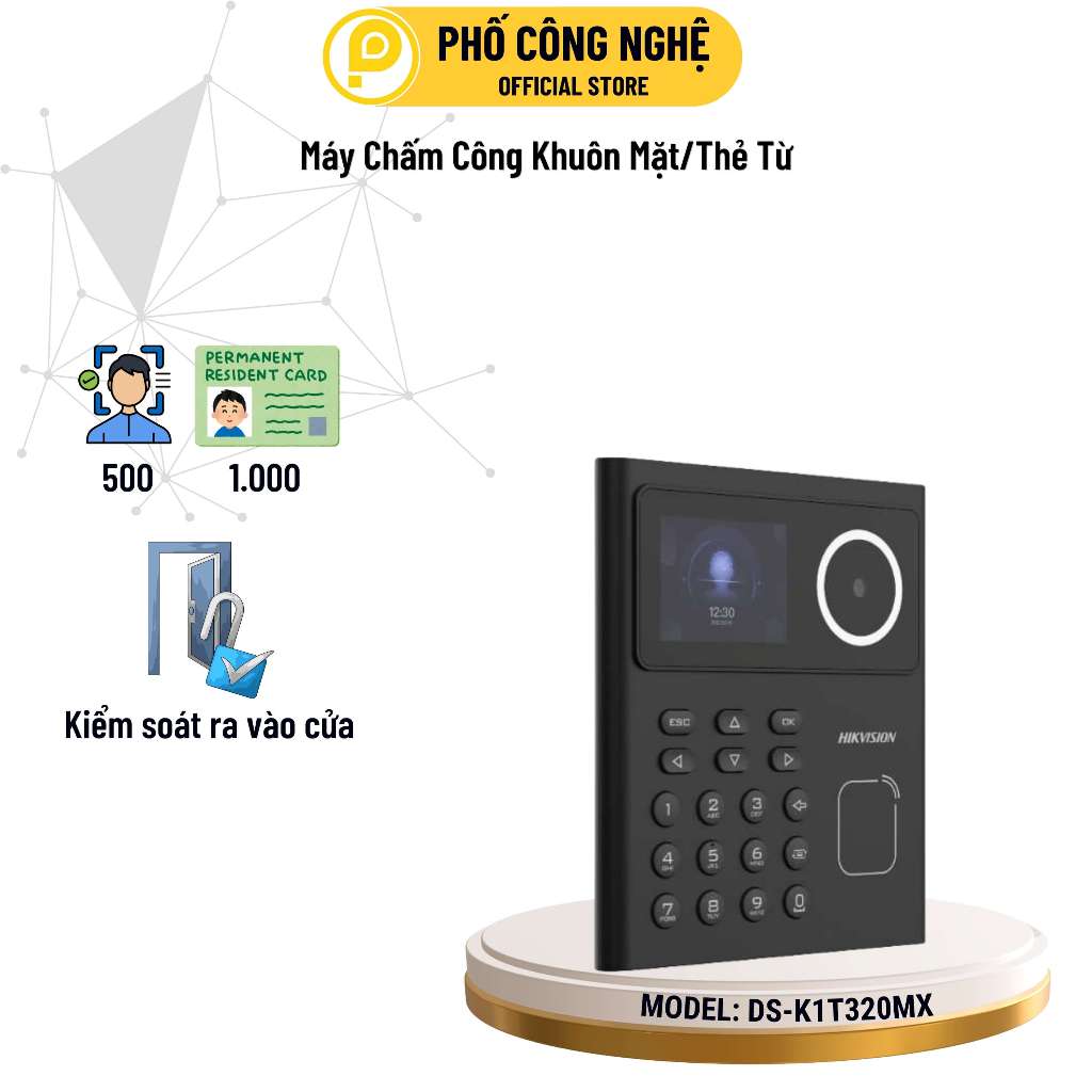 Máy chấm công khuôn mặt Hikvision DS-K1T320MX, có tiếng việt, xuất file excel, mở cửa từ xa