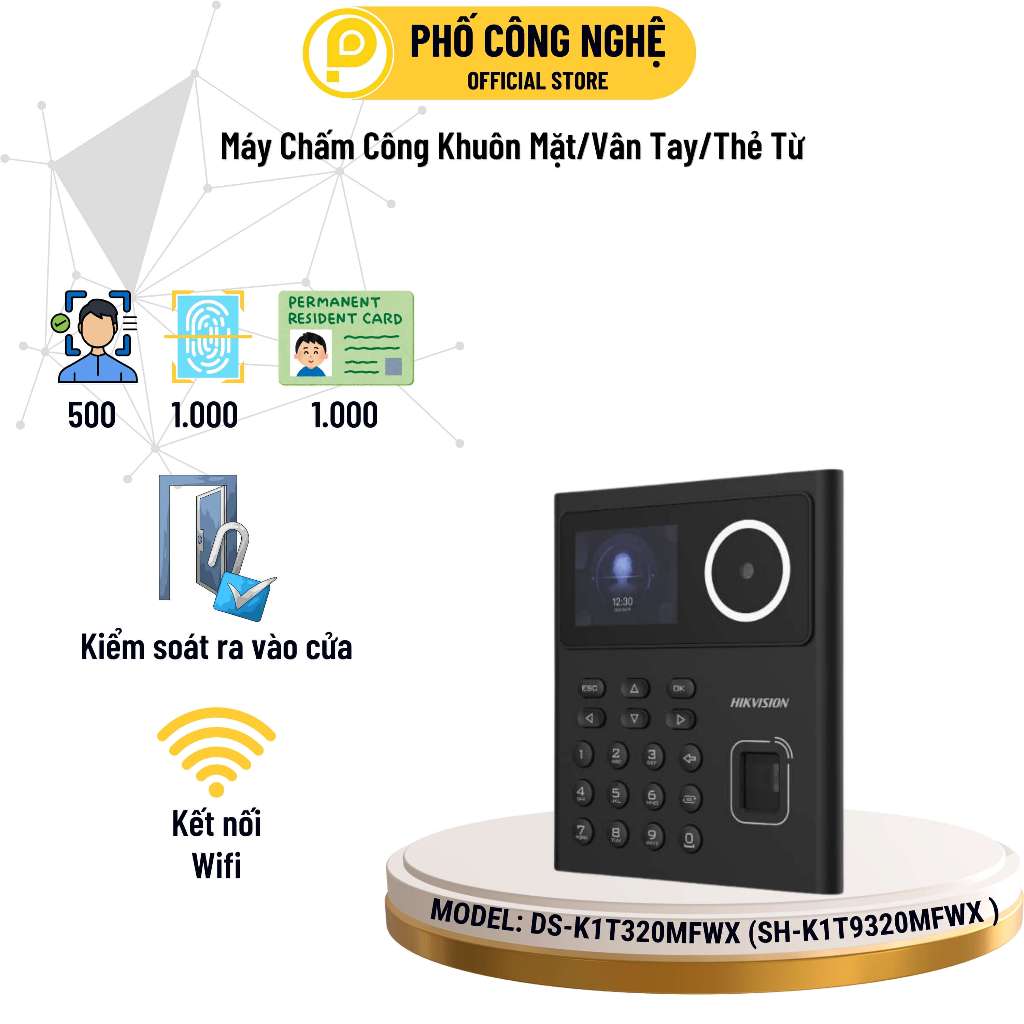 Máy chấm công khuôn mặt Hikvision SH-K1T9320MFWX (DS-K1T320MFWX) có wifi, Tiếng việt, xuất ra Excel