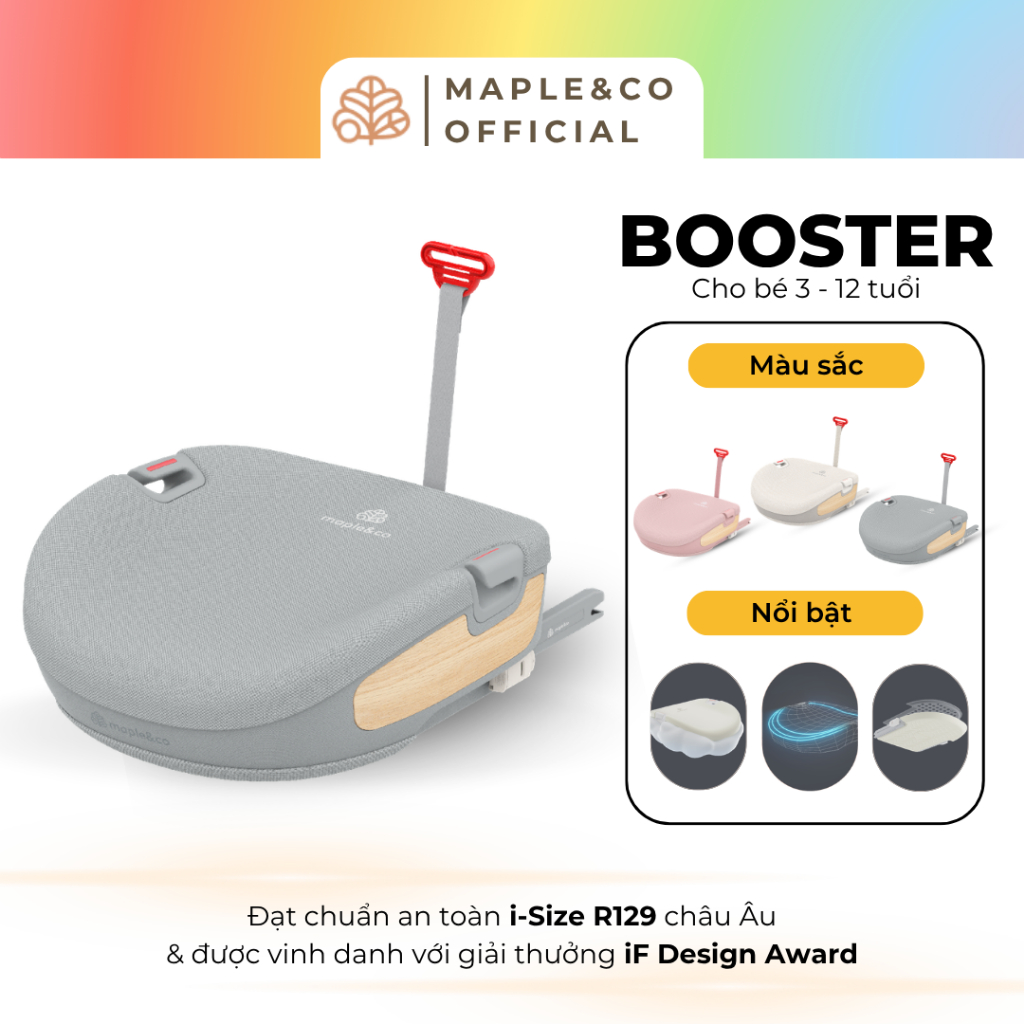 Ghế Ô Tô Maple&Co Booster - 6-12 Tuổi, Chuẩn An Toàn i-Size R129, ISOFIX - Chính Hãng