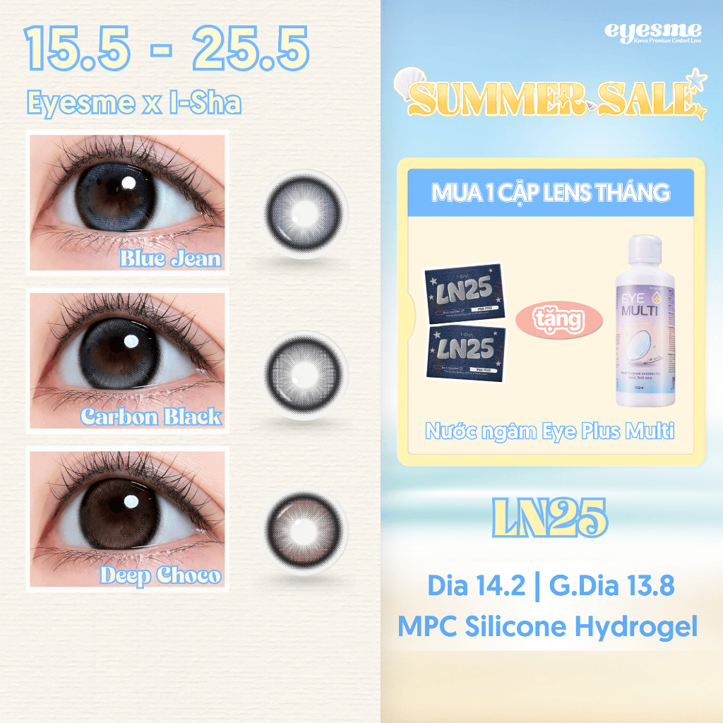 [Eyesme x I-Sha] Kính áp tròng I-Sha LN25 Carborn Black / Blue Jean / Deep Choco lens highlight tạo 
