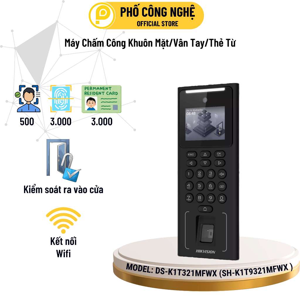 Máy chấm công khuôn mặt Hikvision SH-K1T9321MFWX (DS-K1T321MFWX) có wifi, Tiếng việt, xuất ra Excel