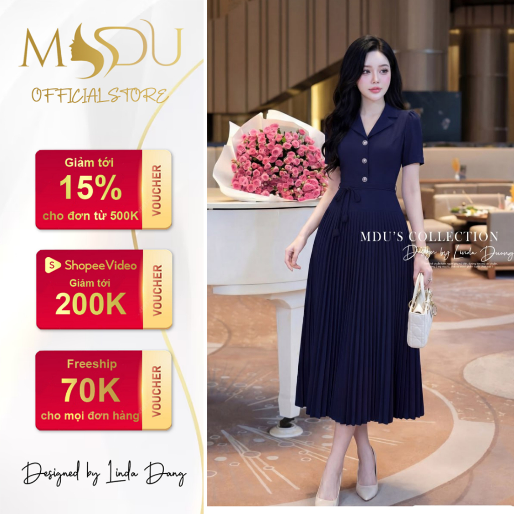 Váy Công Sở MDU6134 Chất Gold Nhật Cổ Vest Dập Ly Thanh Lịch Từ MDU