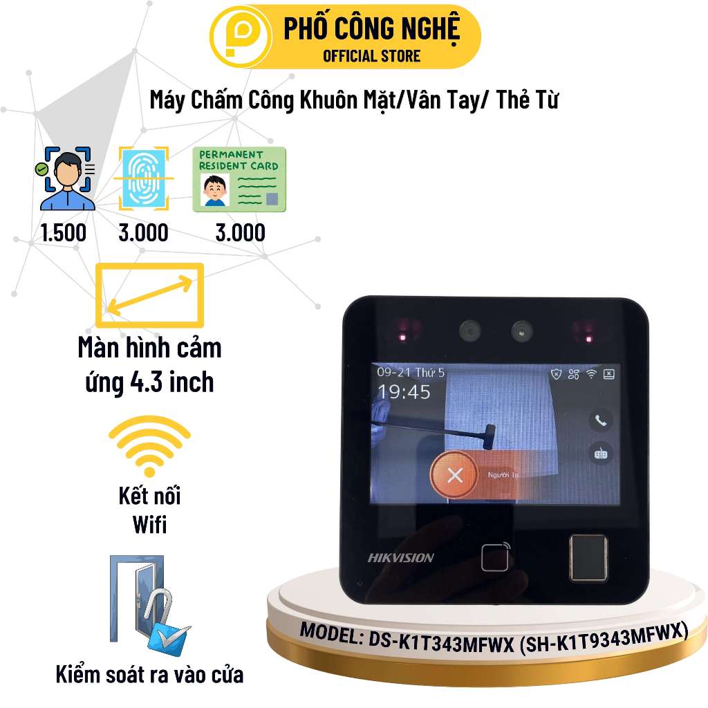 Máy chấm công khuôn mặt, vân tay, thẻ từ DS-K1T343MFWX (Phân loại chi tiết), xuất file Excell