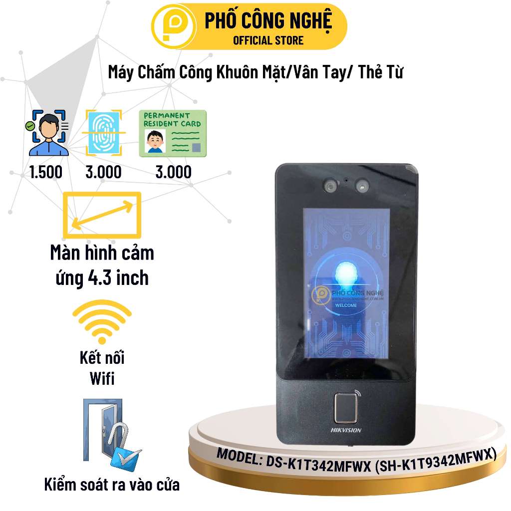 Máy chấm công khuôn mặt Hikvision SH-K1T9342MFWX (DS-K1T342MFWX) có App, kết nối Wifi, xuất ra Excel
