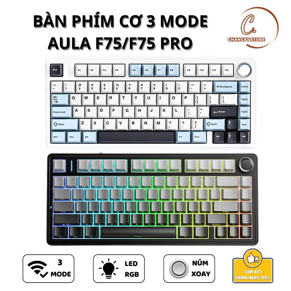 [CHÍNH HÃNG] Bàn Phím Cơ 3 Mode 75% AULA F75 Không Dây Hotswap Kết Nối Bluetooth USB 2.4G Có Núm Vặn Đa Năng Chính Hãng