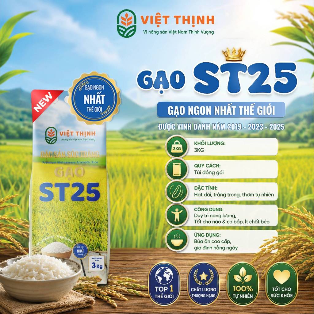 Gạo ST25 - 3KG - Mềm Cơm Dẻo Vừa - GẠO VIỆT THỊNH