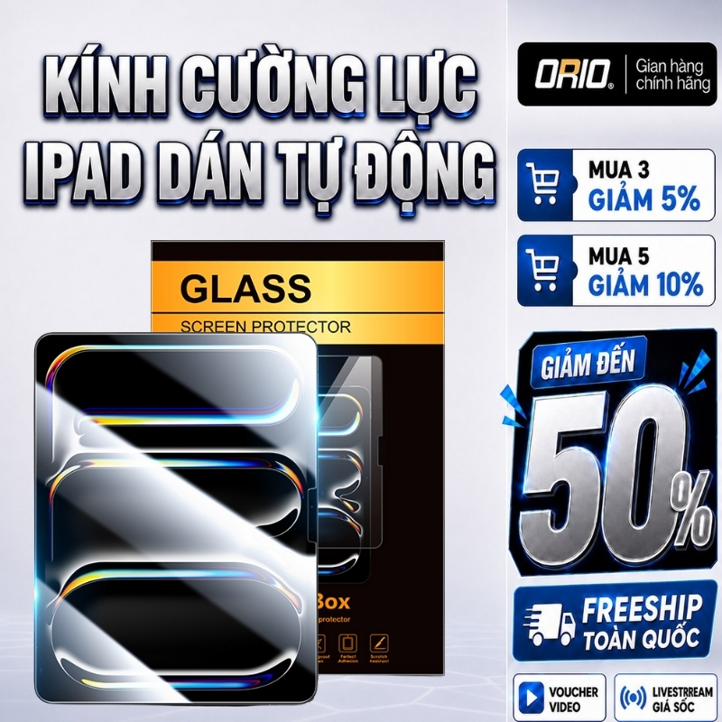 Kính Cường Lực iPad ORIO Có Khung Dán Tự Động Lọc Bụi Dành Cho Gen 4/5/7/8/9/10/AIR4/AIR5/PRO