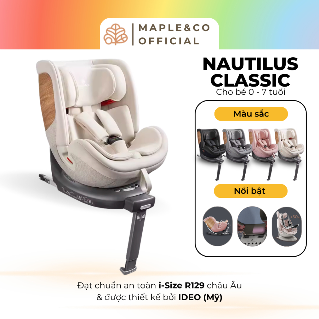 Ghế Ô Tô Maple&Co Nautilus - 0-7 Tuổi, Xoay 360 Độ, Chuẩn R129, Lắp Đặt ISOFIX - Chính Hãng