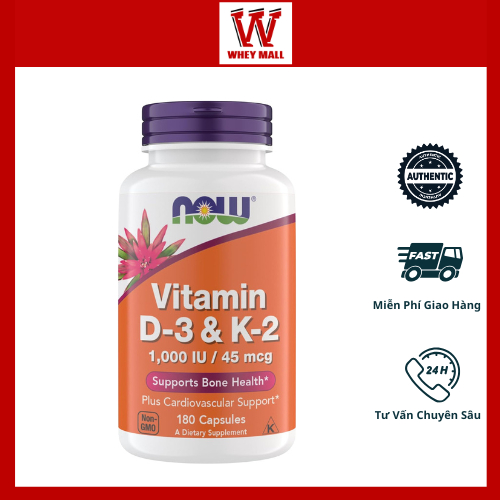 Now Vitamin D3 K2 1000IU 45 mcg Hỗ trợ tập luyện thể thao.
