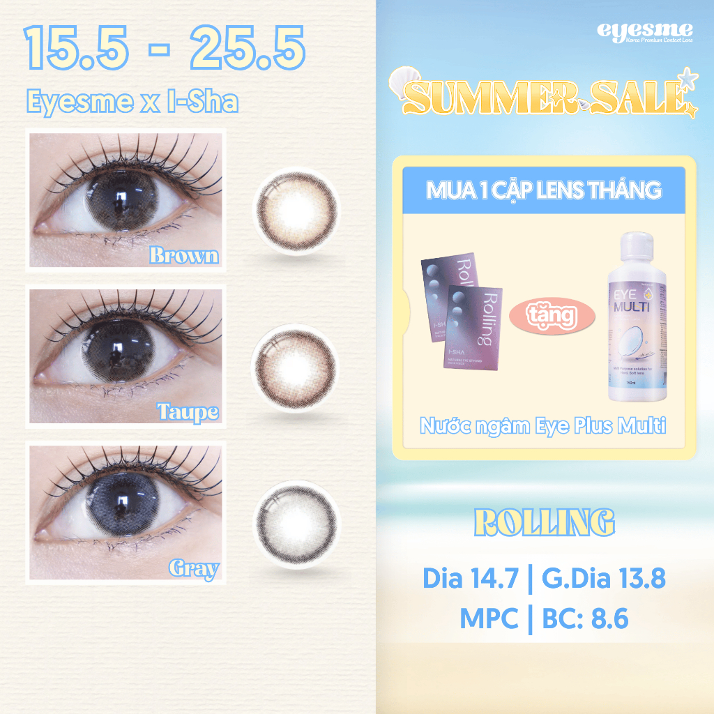 [Eyesme x I-Sha] Lens giãn tròng màu nâu, choco và xám - Mituno Rolling